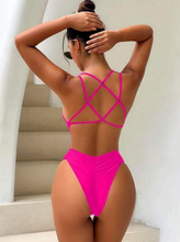 OBL One Piece Women`s Swimwear Backless Hot Pink Double Strap Swimsuit