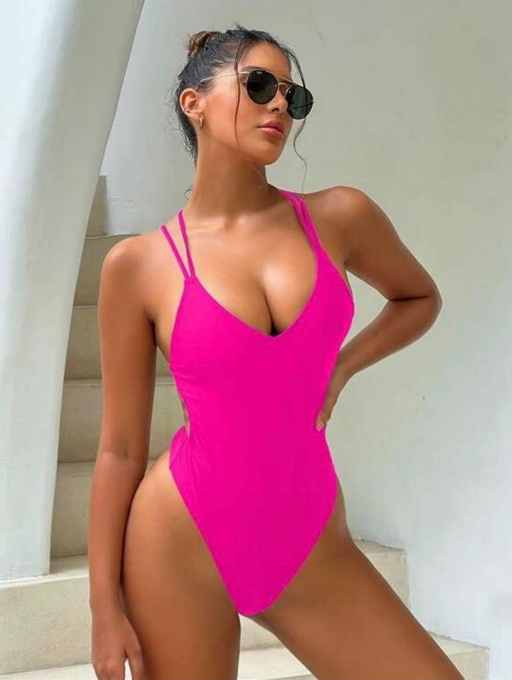 OBL One Piece Women`s Swimwear Backless Hot Pink Double Strap Swimsuit