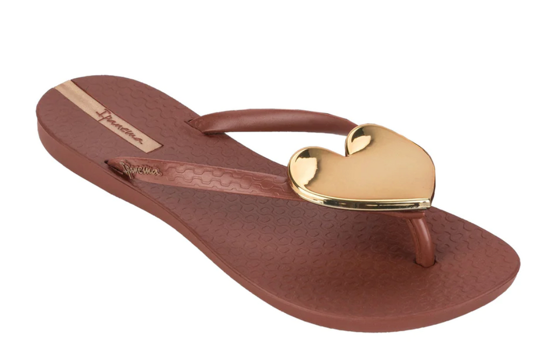 Ipanema Women's Flip Flops Wave Heart Sandal Brown and Gold Brazilian Sandals