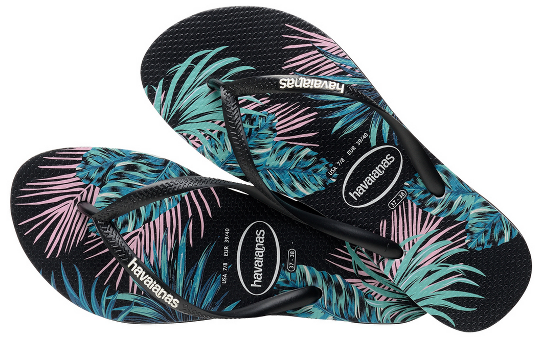 Havaianas Women`s Flip Flops Slim Tropical Floral Sandals Black / Pink