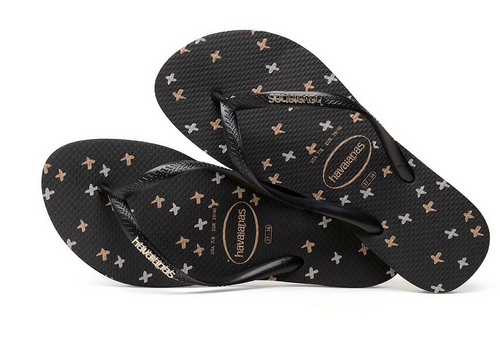Havaianas Women's Flip Flops Slim Logo Metallic X Sandals Black Gold Silver