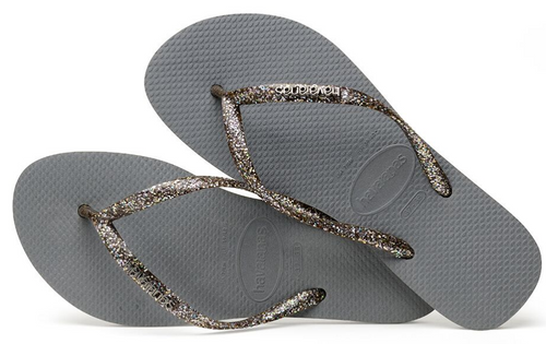 Havaianas Women's Flip Flops Slim Logo Metallic Sandals Steel Grey Confetti Glitter