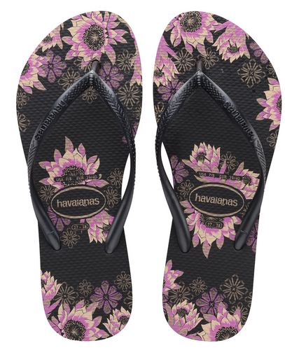 Havaianas Women's Flip Flops Slim Organic Sandal Black Sandals Floral Print
