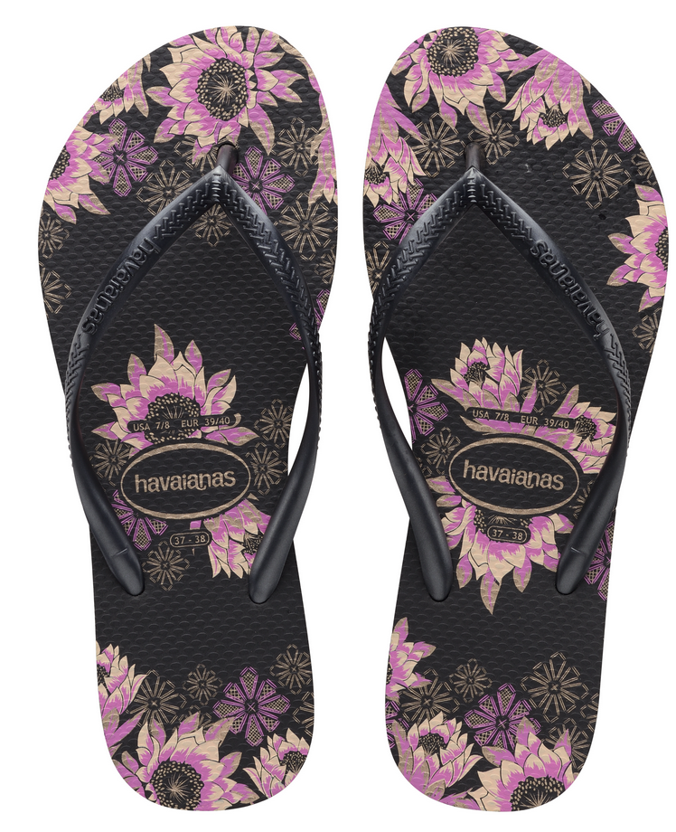 Havaianas Women`s Flip Flops Slim Organic Sandal Black Sandals Floral Print
