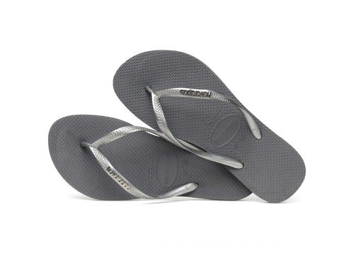 Havaianas Women's Flip Flops Slim Logo Metallic Sandal Steel Grey and Silver