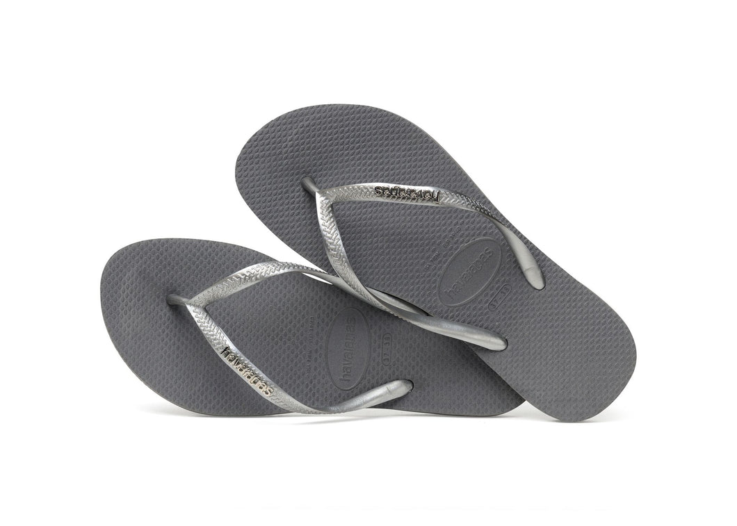 Havaianas Women`s Flip Flops Slim Logo Metallic Sandal Steel Grey and Silver